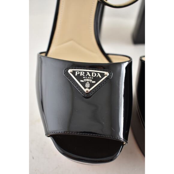 Prada 115 Black Patent Leather Platform Sandal Ankle Strap Block Heel Pump 40 - Picture 9 of 16